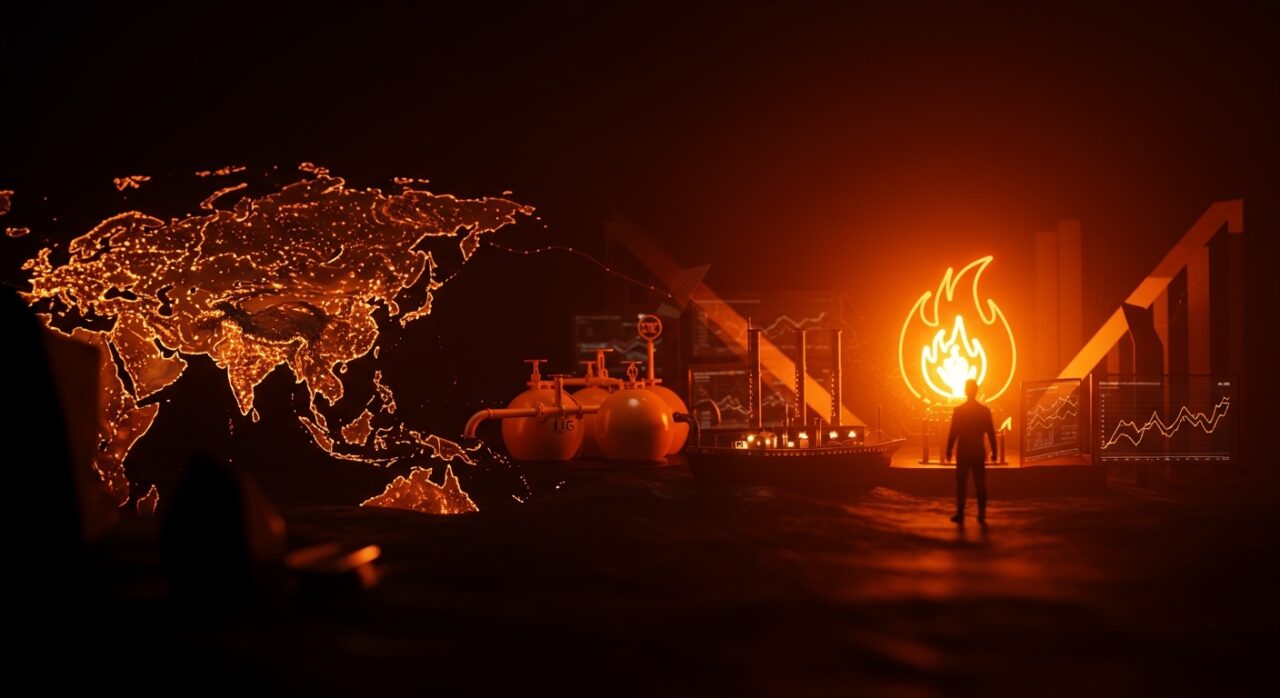 Mapa iluminado mostrando la crisis del gas natural licuado en 2026, destaca el bloqueo en el Estrecho de Ormuz y la competencia entre Asia y Europa por el GNL.