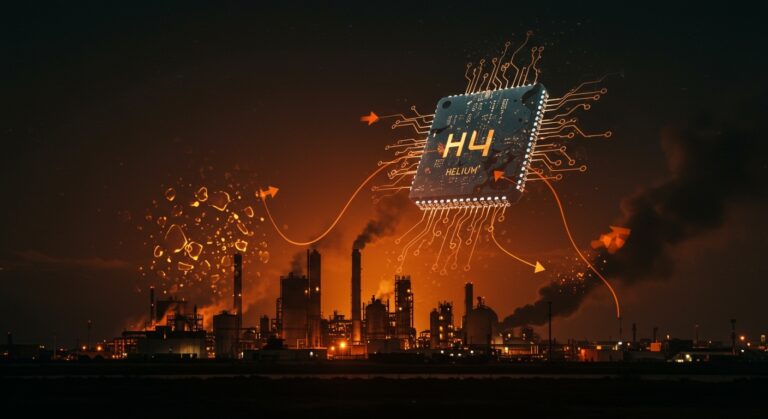 Crisis de helio en Qatar impactando la cadena de suministro global de chips semiconductores con representaciones industriales y metáforas visuales de escasez.