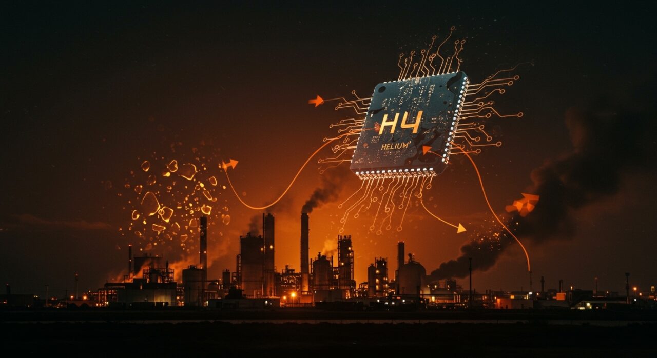 Crisis de helio en Qatar impactando la cadena de suministro global de chips semiconductores con representaciones industriales y metáforas visuales de escasez.