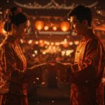 Crisis de natalidad en China ilustrada con bodas exprés durante festivales y simbolismo visual de la pérdida poblacional y tendencias demográficas 2025.