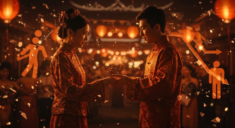 Crisis de natalidad en China ilustrada con bodas exprés durante festivales y simbolismo visual de la pérdida poblacional y tendencias demográficas 2025.