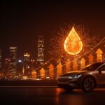 Coche eléctrico moderno con fondo urbano digital, simbolizando la transición liderada por China ante la crisis del petróleo en la movilidad sostenible.