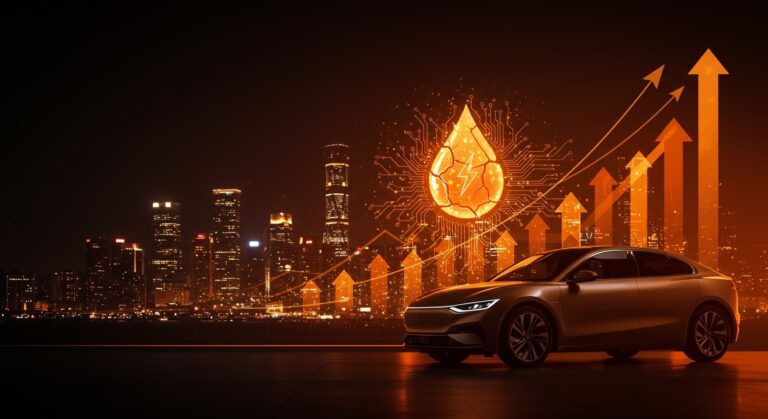 Coche eléctrico moderno con fondo urbano digital, simbolizando la transición liderada por China ante la crisis del petróleo en la movilidad sostenible.