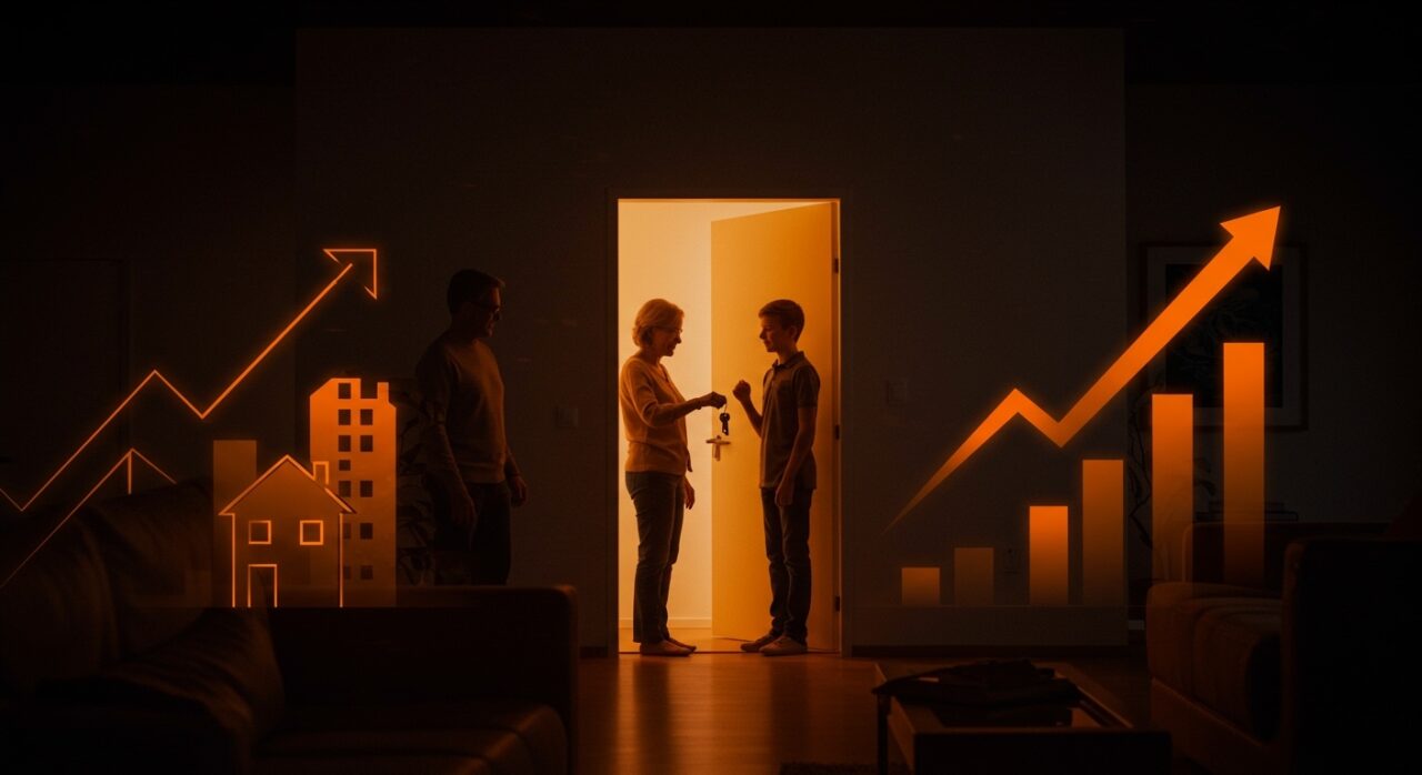 Donaciones familiares para vivienda en España representando la transferencia intergeneracional y la crisis del mercado inmobiliario.