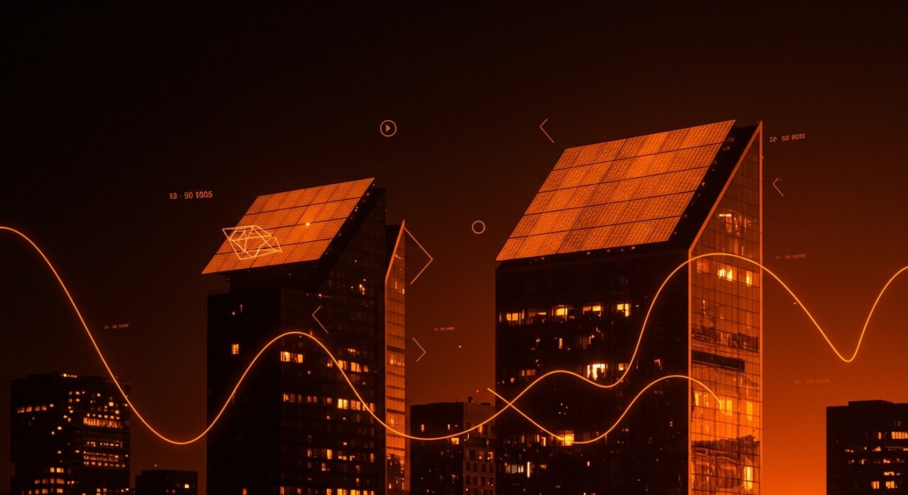 Rascacielos con cristales solares fotovoltaicos integrados, simbolizando innovación española en eficiencia energética urbana y sostenibilidad.