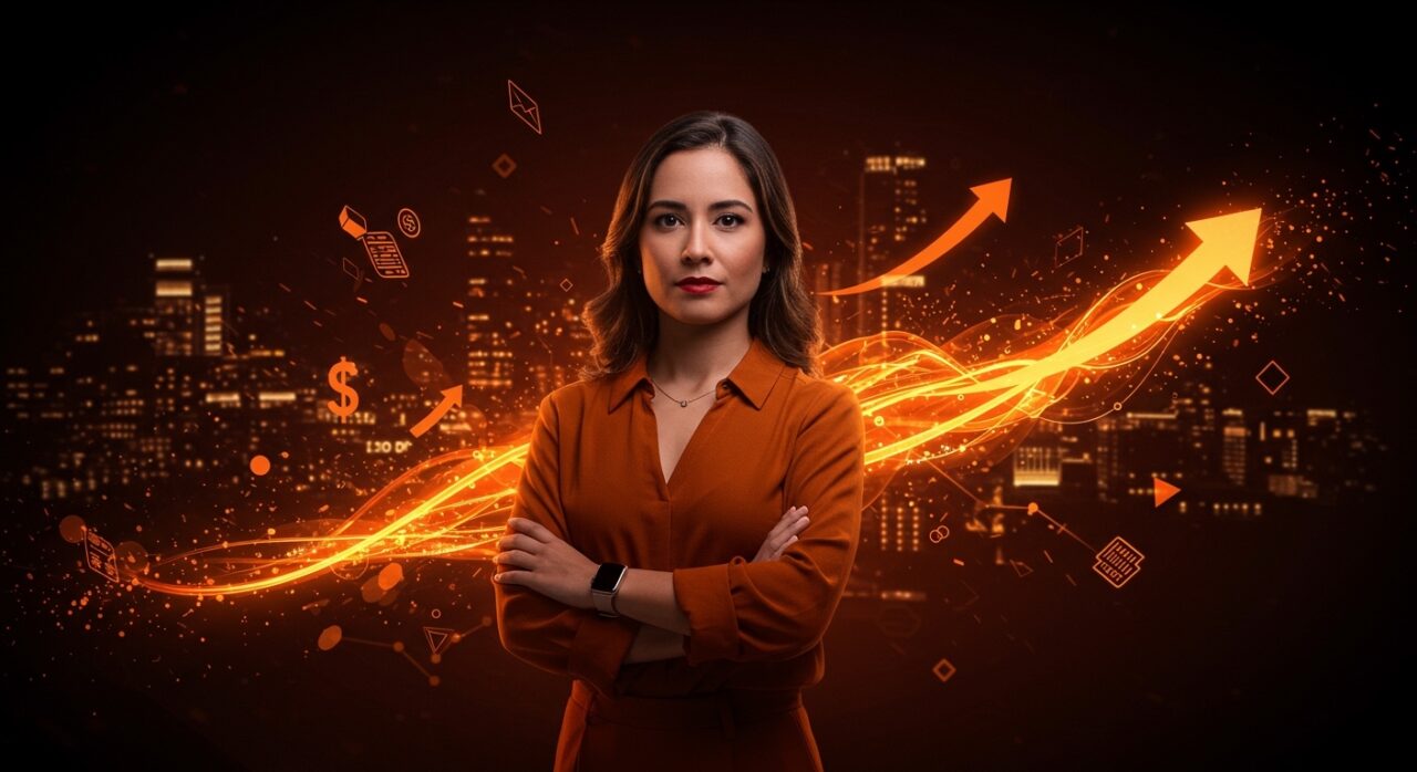 Cristina Etcheberry, fundadora fintech, destacada por la mayor Serie A en LATAM, representada en un entorno digital que simboliza innovación y funding en startups.