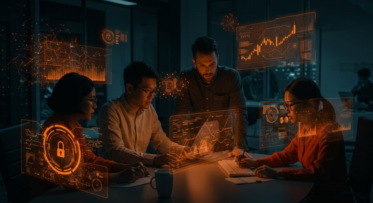 Equipo especializado analizando interfaces digitales con inteligencia artificial y tecnología física, representando criterios clave para la inversión en startups en entornos regulados.