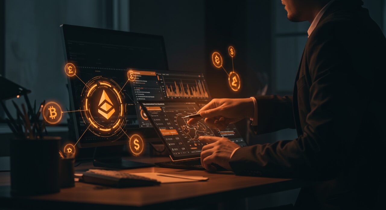 Dashboard digital de contabilidad cripto en un entorno fintech, simbolizando la innovación en blockchain y financiación Serie B de Cryptio.