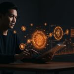 Fundador analizando contabilidad cripto con visualizaciones holográficas y símbolos de blockchain en un entorno fintech.