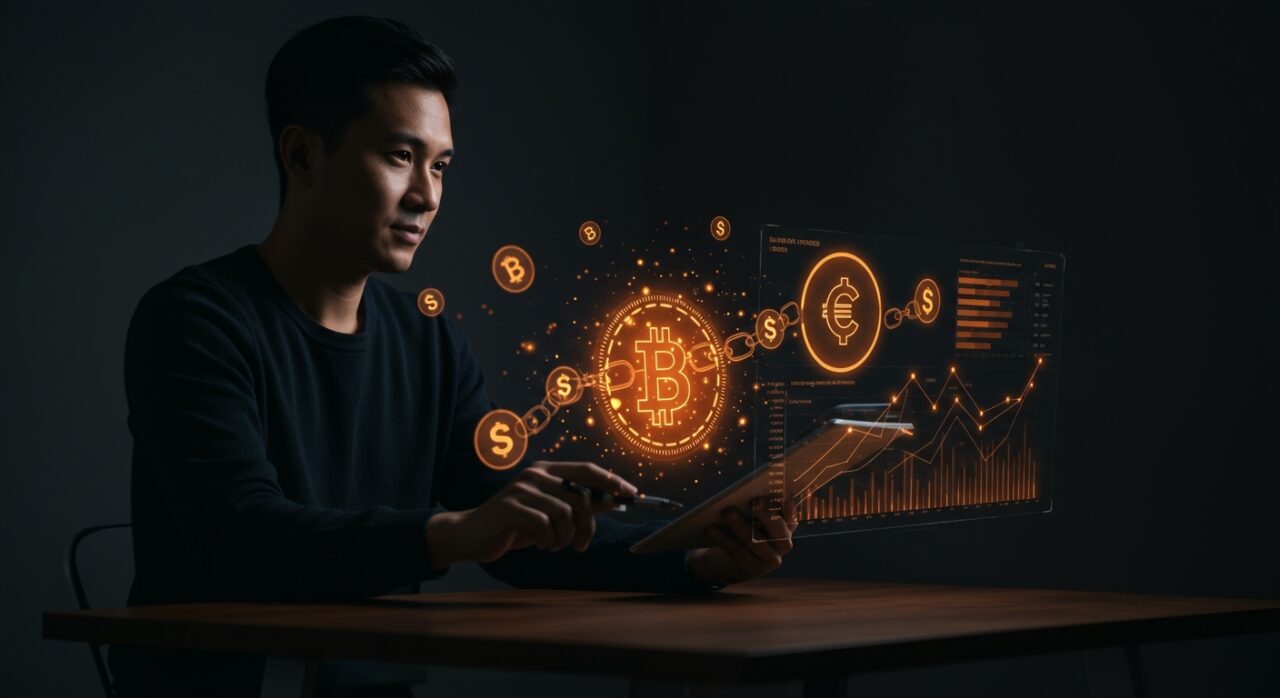 Fundador analizando contabilidad cripto con visualizaciones holográficas y símbolos de blockchain en un entorno fintech.