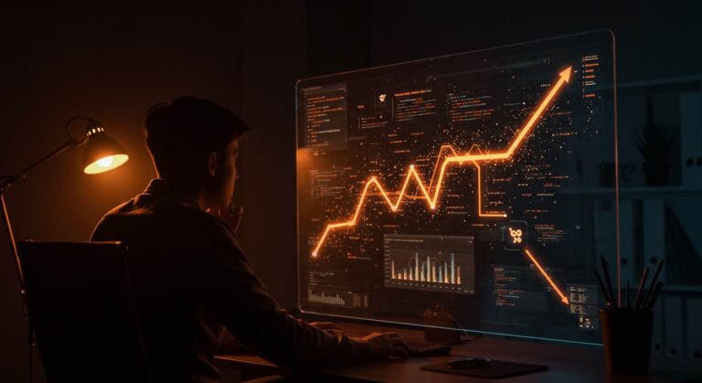 Programador frente a pantalla digital con representaciones de IA y rutas alternativas, ilustrando el futuro de las carreras en ciencias de la computación en 2026.