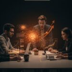 Fundadores tech colaborando con interfaces holográficas de inteligencia artificial y visualizaciones de inversión en IA y delegación