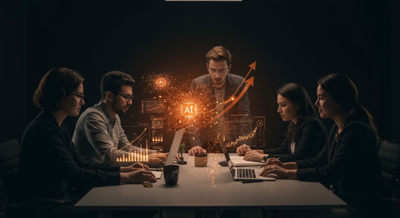 Fundadores tech colaborando con interfaces holográficas de inteligencia artificial y visualizaciones de inversión en IA y delegación