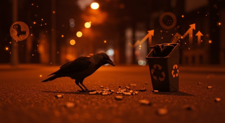 Cuervo salvaje recolectando colillas en calles urbanas, simbolizando innovación urbana y sostenibilidad cleantech en startups.