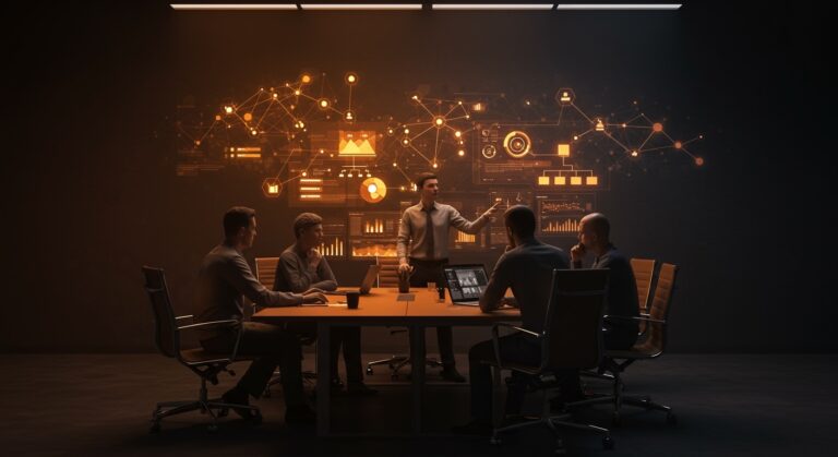 Equipo tech colaborando bajo un liderazgo fuerte, ilustrando la cultura laboral y gestión de startups en Atlassian.