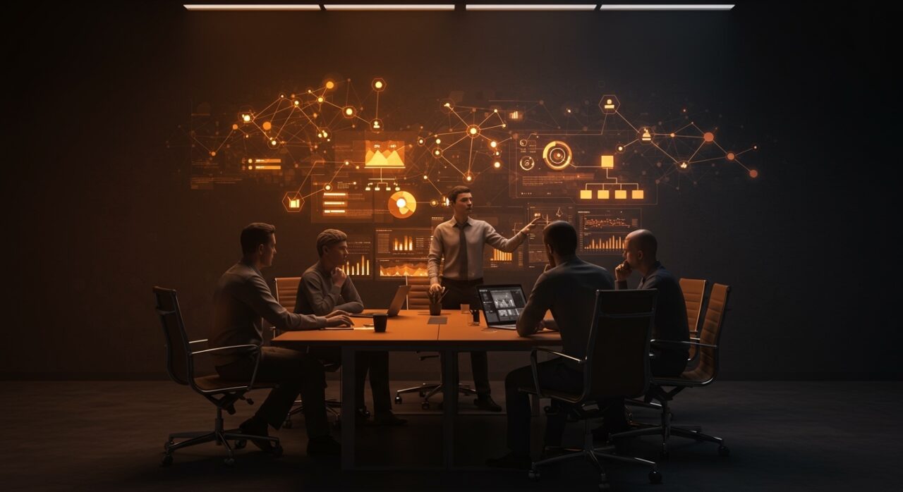 Equipo tech colaborando bajo un liderazgo fuerte, ilustrando la cultura laboral y gestión de startups en Atlassian.