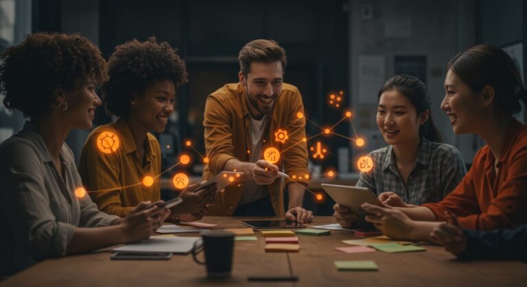 Equipo de startup colaborando creativamente, representando la cultura organizacional y la innovación colectiva en startups.