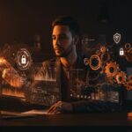 Founder de startup tech interactuando con datos digitales y elementos visuales que representan cumplimiento digital, RGPD e inteligencia artificial.