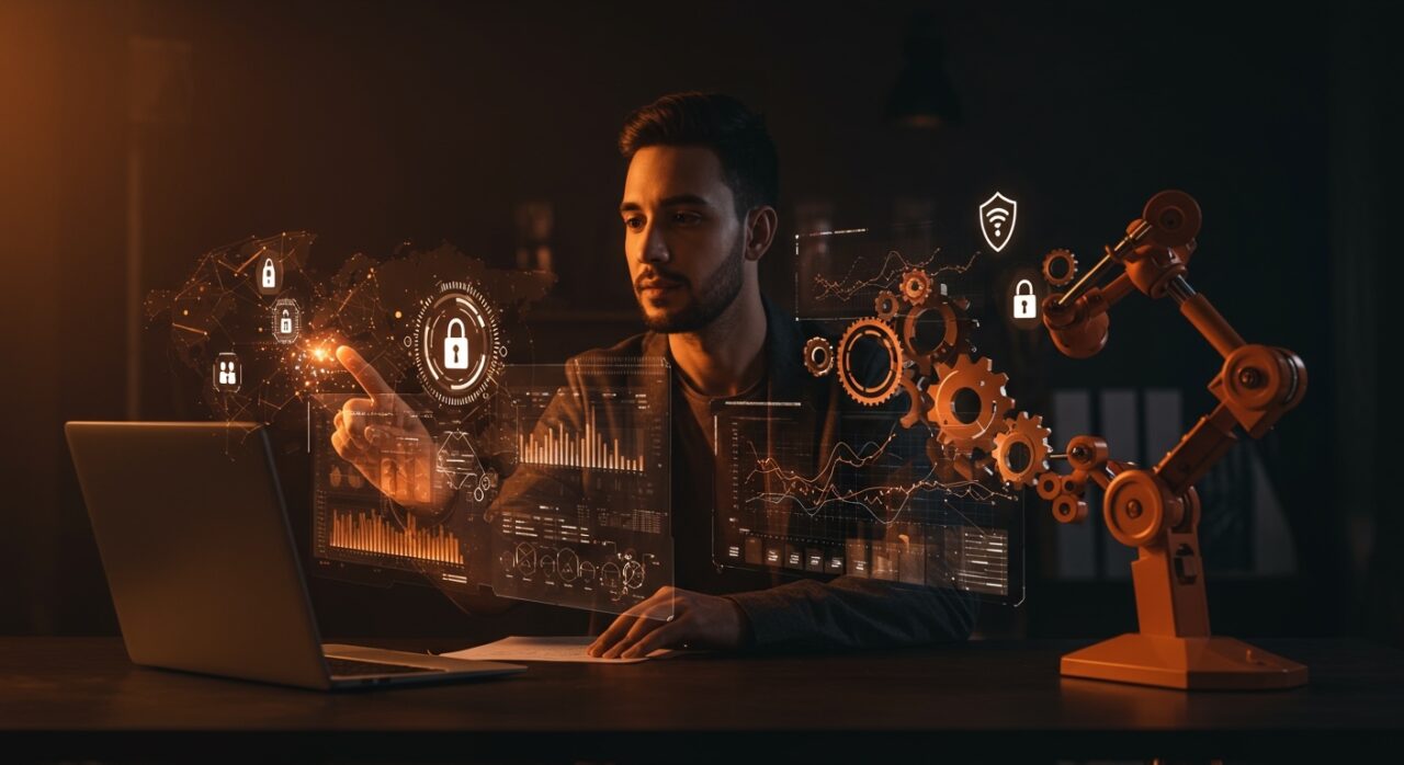 Founder de startup tech interactuando con datos digitales y elementos visuales que representan cumplimiento digital, RGPD e inteligencia artificial.