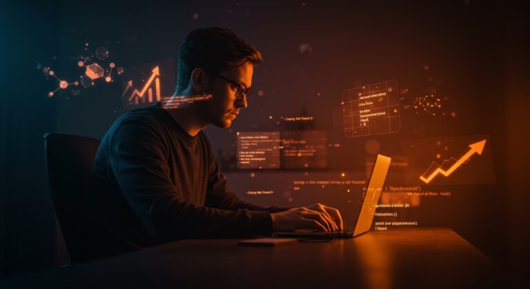 Founder tech trabajando con conceptos de currying en programación funcional para diseño de software escalable.