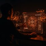 Desarrollador chino de IA interactuando con modelo digital de Cursor Composer 2, representando transparencia y desafíos en IA aplicada para startups tecnológicas.