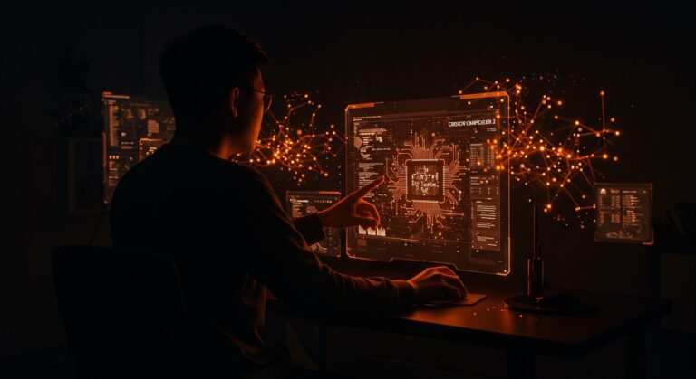 Desarrollador chino de IA interactuando con modelo digital de Cursor Composer 2, representando transparencia y desafíos en IA aplicada para startups tecnológicas.