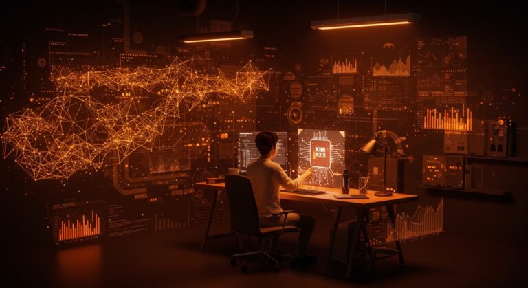 Asistente de codificación basado en modelo AI Kimi K2.5 de Moonshot AI representado en un ambiente futurista con metáforas visuales de machine learning y startups tech.