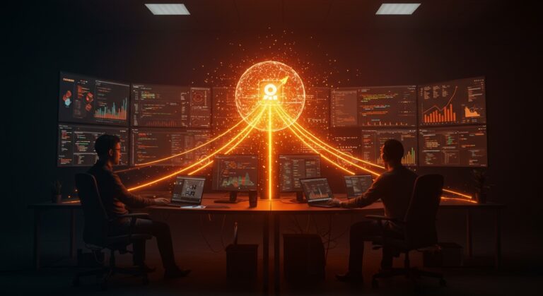 Equipo de startup tecnológica colaborando en crecimiento explosivo de revenue anualizado con herramientas IA de programación.