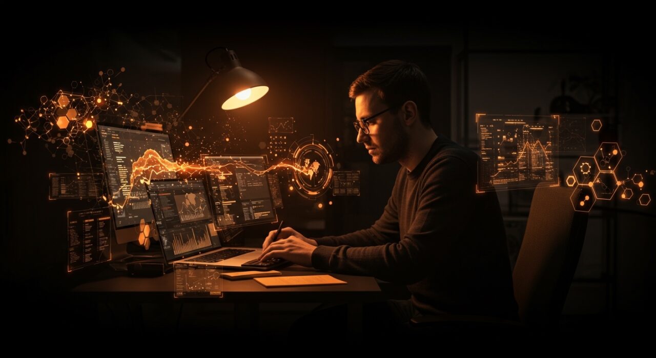 Founder trabajando con herramienta open source de markdown y IA para productividad y automatización en un entorno de trabajo moderno.