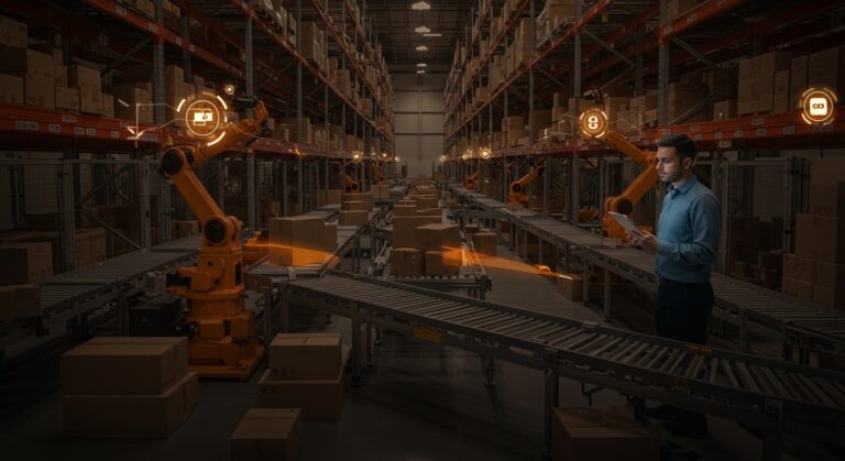 Automatización intralogística en México mostrando almacenes automatizados y tecnología logística avanzada en un entorno industrial moderno.