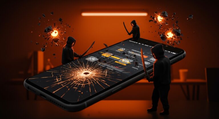 Ilustración editorial de hacking a iPhone con amenazas DarkSword y Coruna, destacando vulnerabilidades y seguridad iOS en el entorno startup.