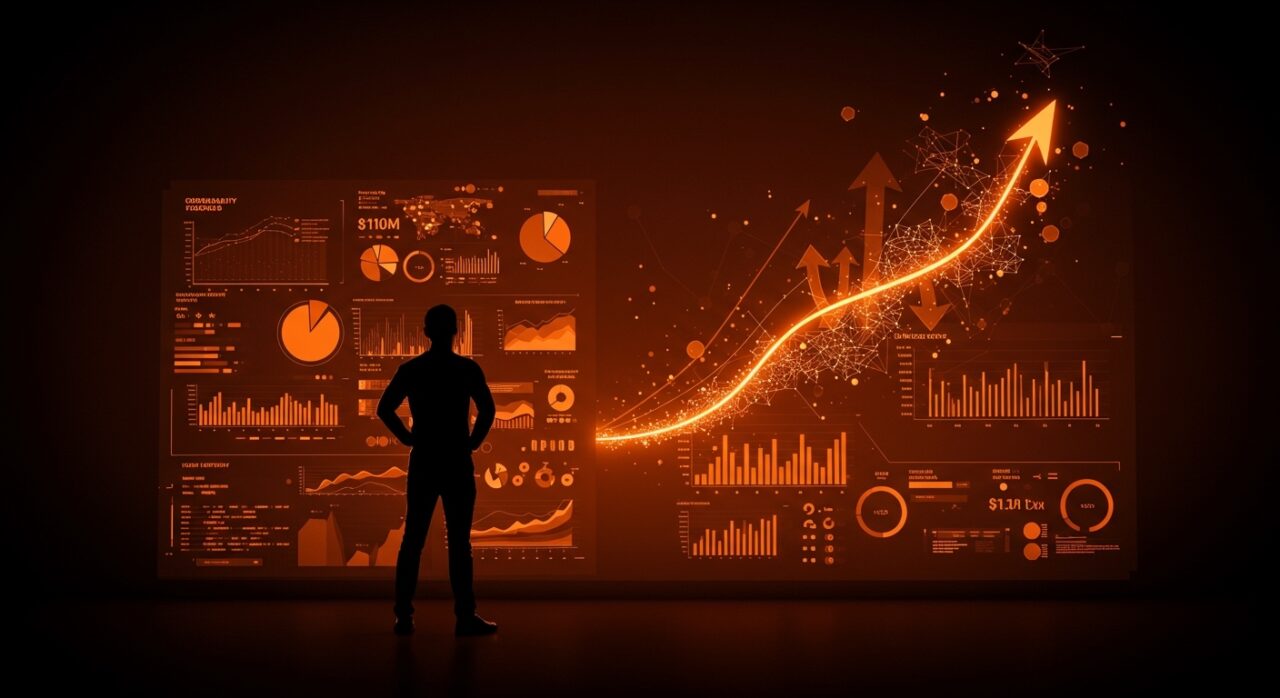 Fundador de startup de IA destacando el logro de unicornio tras recaudar $110M en Serie B, con visuales de observabilidad y crecimiento tecnológico.