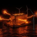 Data center offshore flotante con turbinas eólicas integradas, representando infraestructura tecnológica innovadora para inteligencia artificial y energías renovables de Aikido Technologies.