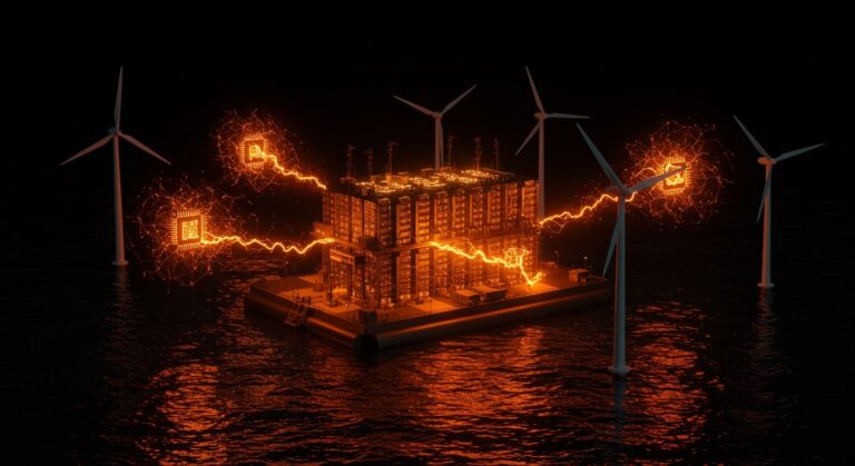 Data center offshore flotante con turbinas eólicas integradas, representando infraestructura tecnológica innovadora para inteligencia artificial y energías renovables de Aikido Technologies.