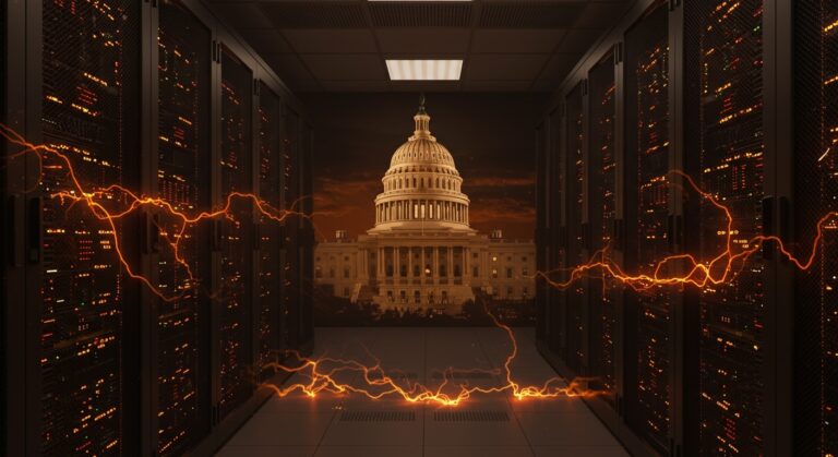 Sala moderna de data centers con visualización de flujos energéticos, representando la demanda de transparencia energética del Senado de EE. UU. para centros de datos.