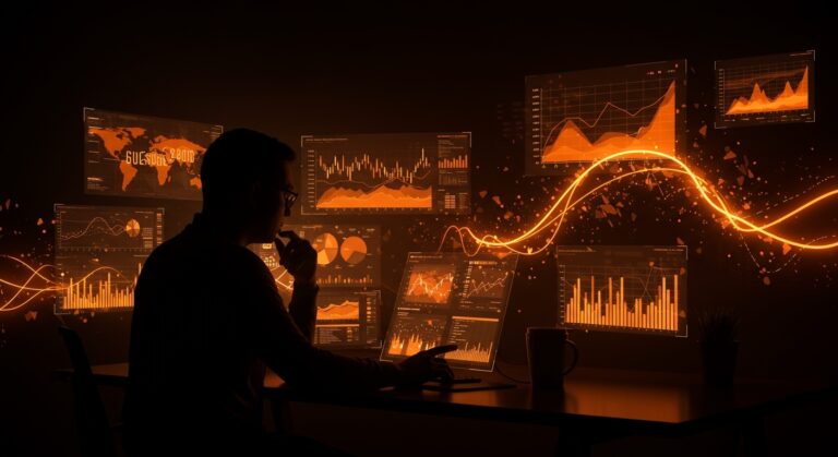 Fundador tech analizando datos económicos poco confiables en un entorno futurista con gráficos holográficos representando incertidumbre económica en startups LATAM.