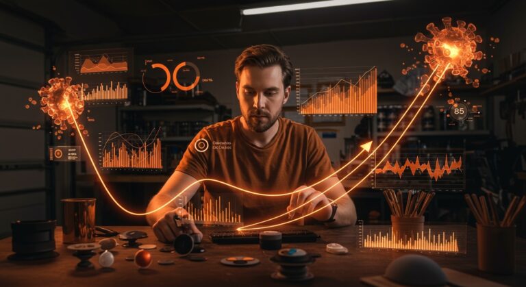 David Barnett en su taller con prototipos de PopSockets, ilustrando el crecimiento viral y la escalabilidad de startups tecnológicas.