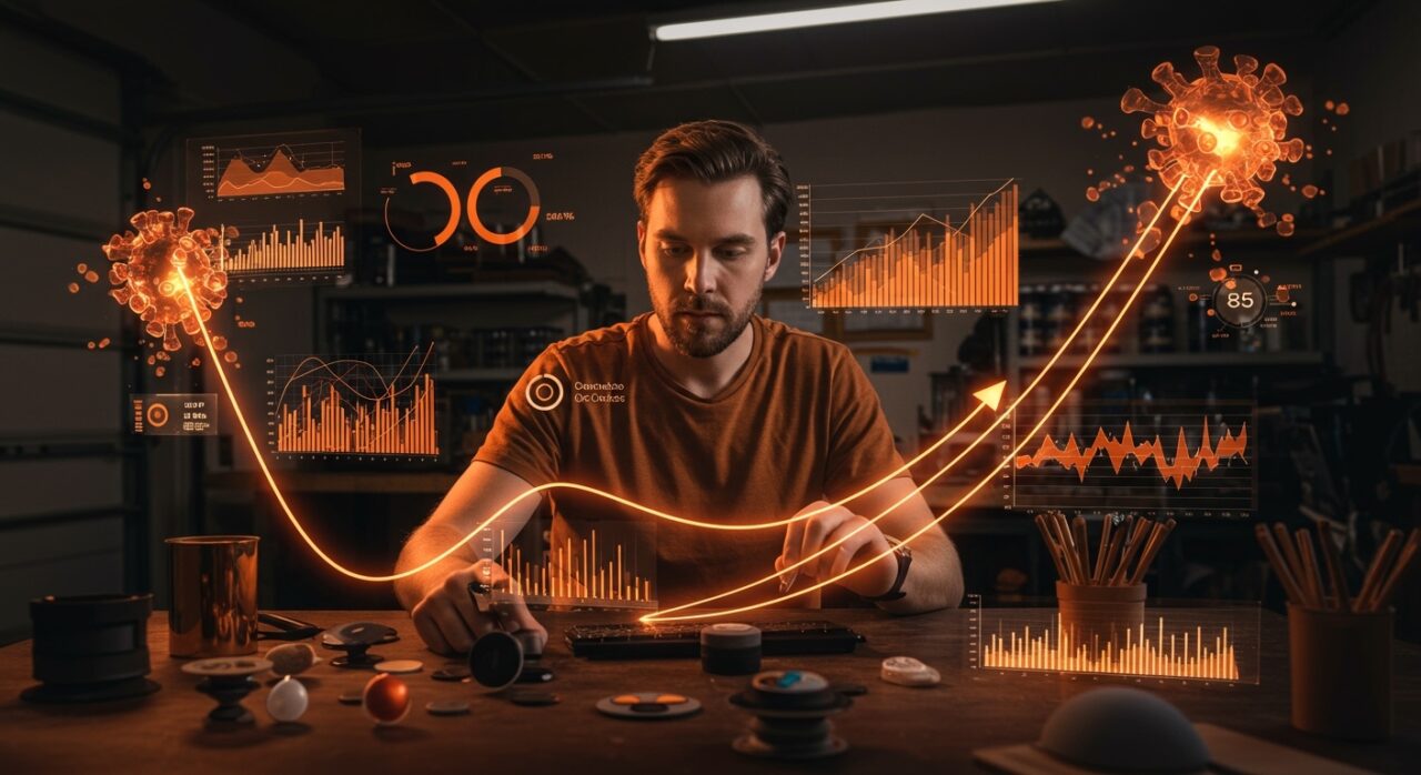 David Barnett en su taller con prototipos de PopSockets, ilustrando el crecimiento viral y la escalabilidad de startups tecnológicas.