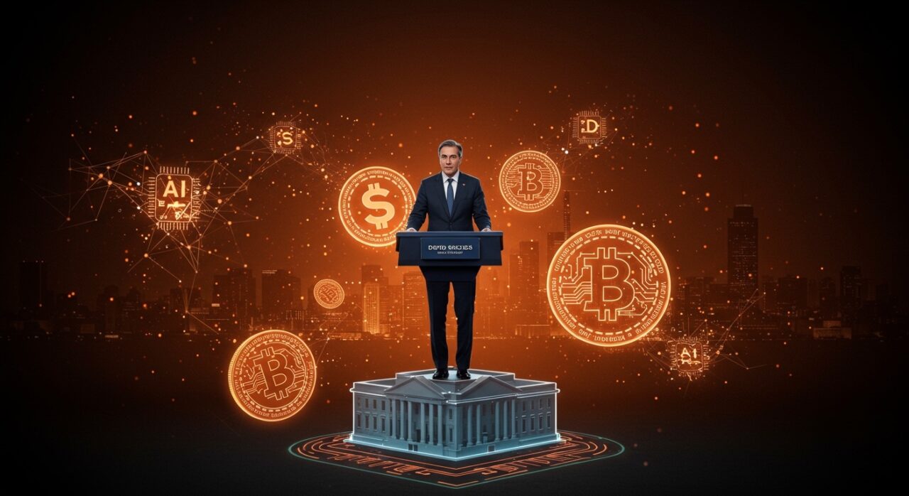 David Sacks dejando su rol en la Casa Blanca con símbolos de IA y criptomonedas, impactando el ecosistema startup y tecnológico en LATAM y Silicon Valley.