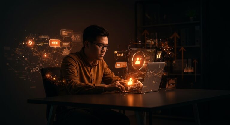 Founder utilizando modelos de lenguaje y prompts inteligentes para optimizar comunicación profesional con IA y automatización.