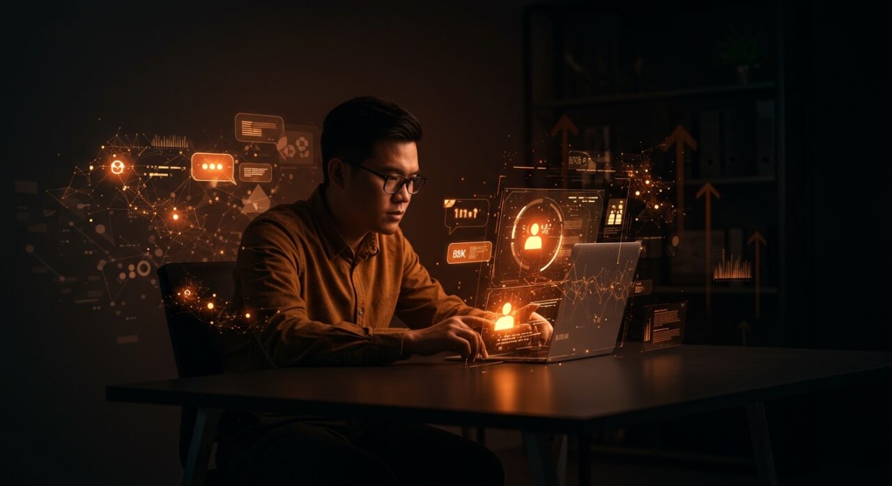 Founder utilizando modelos de lenguaje y prompts inteligentes para optimizar comunicación profesional con IA y automatización.