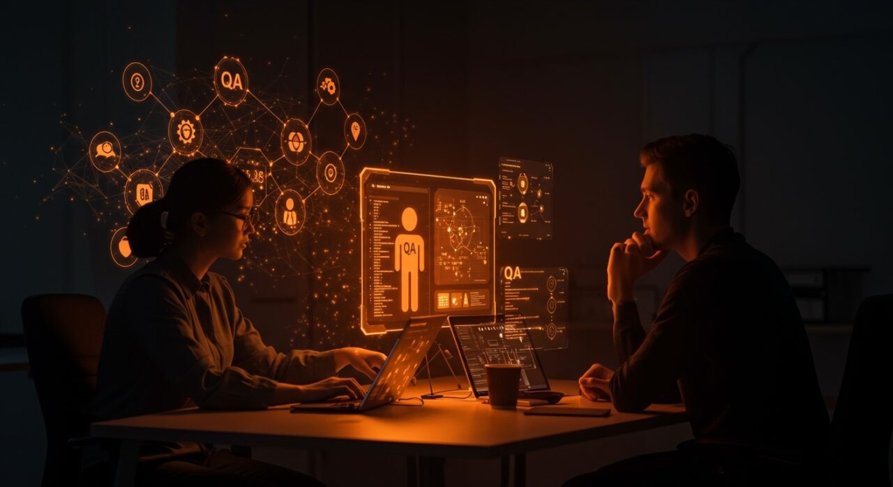 Equipo de startup tecnológica utilizando automatización e inteligencia artificial para garantizar la calidad de software en ingeniería y testing automatizado.