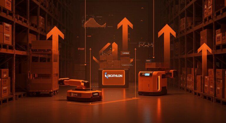 Robots Exotec en almacén de Decathlon mostrando automatización y aumento de productividad logística en retail tech.