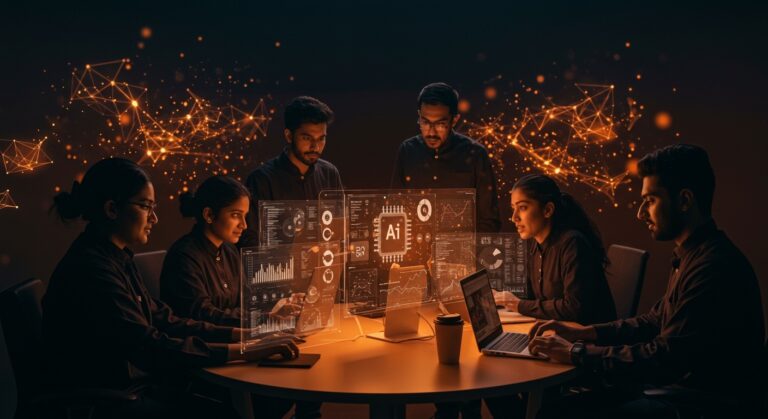 Equipo de ingenieros de IA en India colaborando con tecnología avanzada, representando inversión y talento en startups de inteligencia artificial.