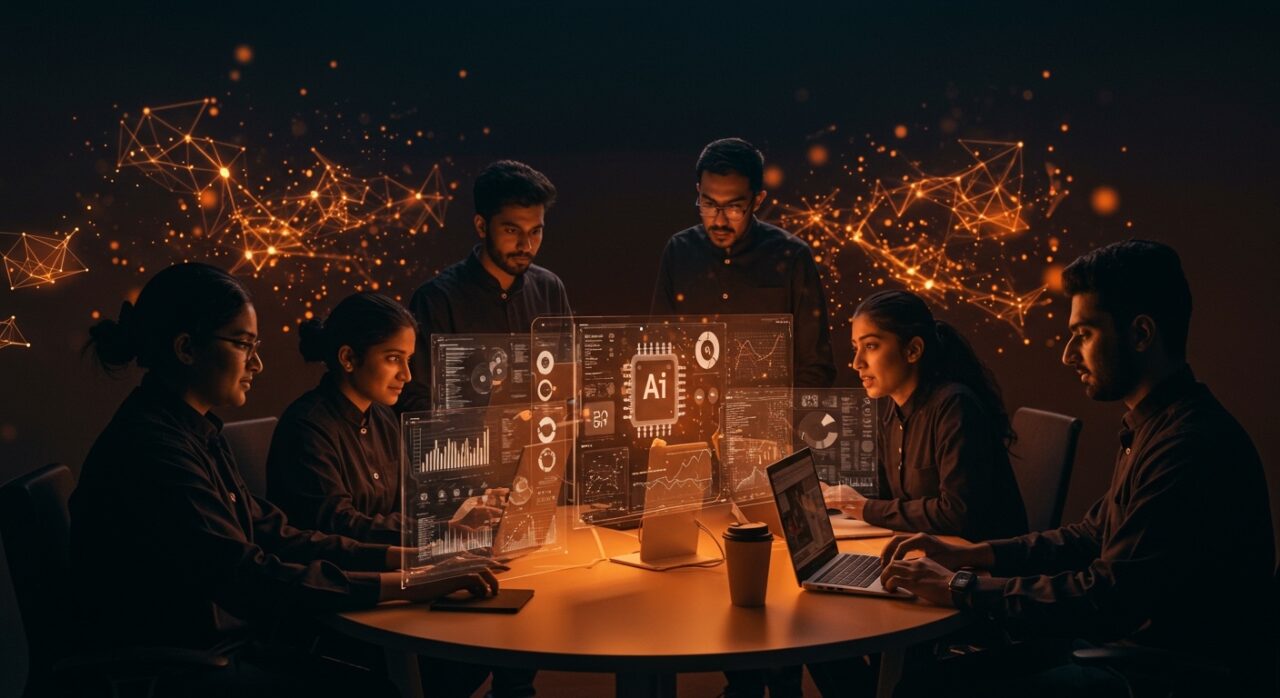 Equipo de ingenieros de IA en India colaborando con tecnología avanzada, representando inversión y talento en startups de inteligencia artificial.