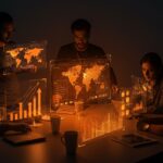 Equipo de founders tecnológicos colaborando con redes neuronales y conexiones de outsourcing global en el mercado de IA de India.