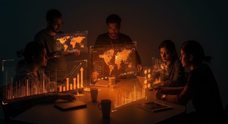 Equipo de founders tecnológicos colaborando con redes neuronales y conexiones de outsourcing global en el mercado de IA de India.