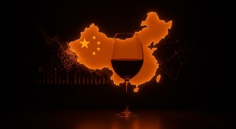 Declive del mercado del vino en China ilustrado con copa de vino y mapa chino, destacando tendencias y oportunidades para startups LATAM.