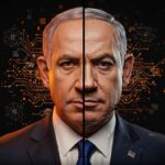 Retrato digital dividido de Netanyahu mostrando efectos deepfake y redes neuronales, simbolizando retos de verificación digital en IA generativa.