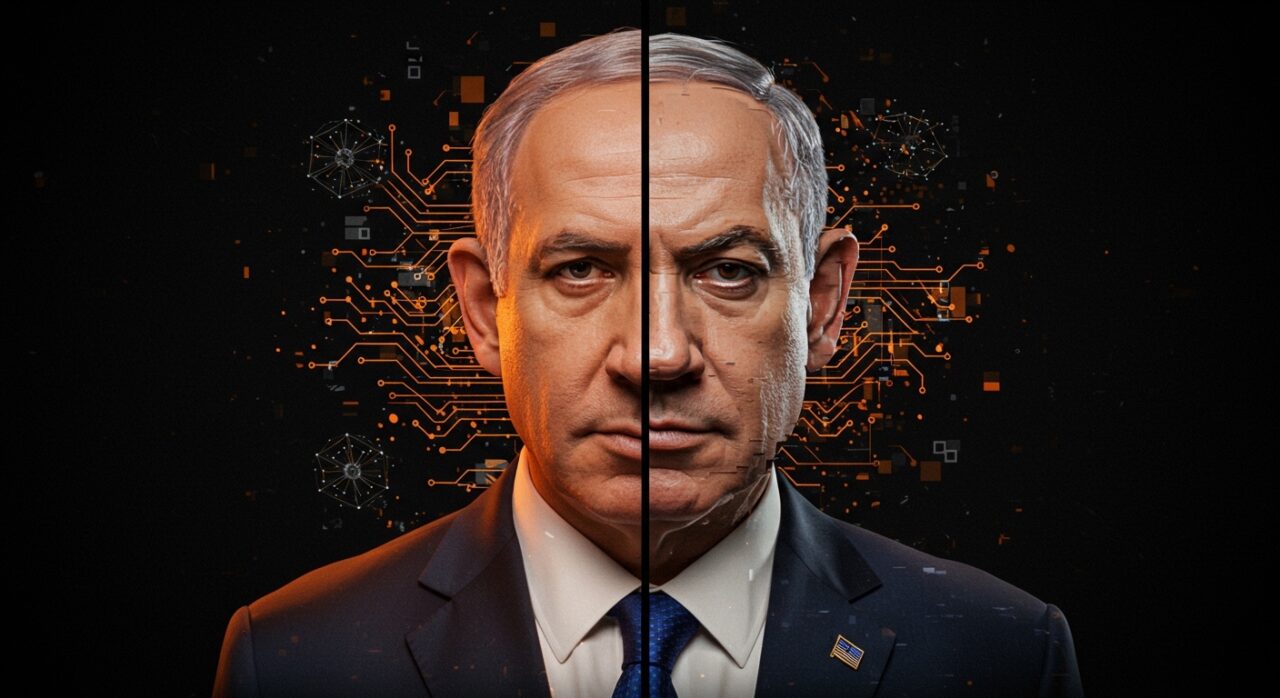 Retrato digital dividido de Netanyahu mostrando efectos deepfake y redes neuronales, simbolizando retos de verificación digital en IA generativa.